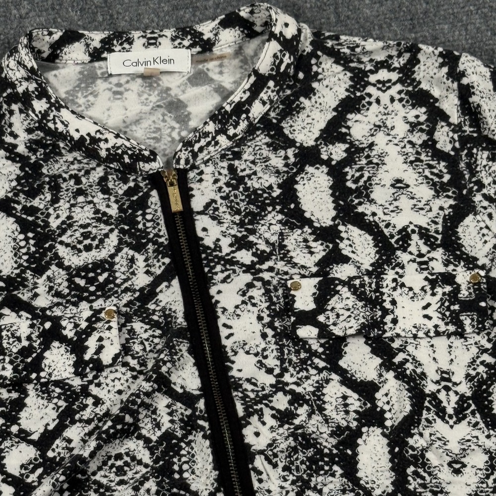 Calvin Klein Shirt Womens Large‎ Snakeskin Print Zip Roll Tab Sleeve Top Blouse